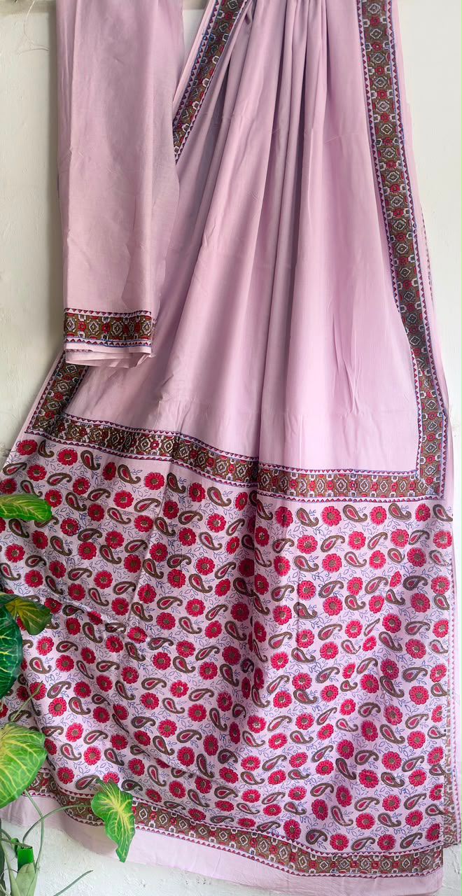 Light pink cotton saree with floral printed pallu and patterned border