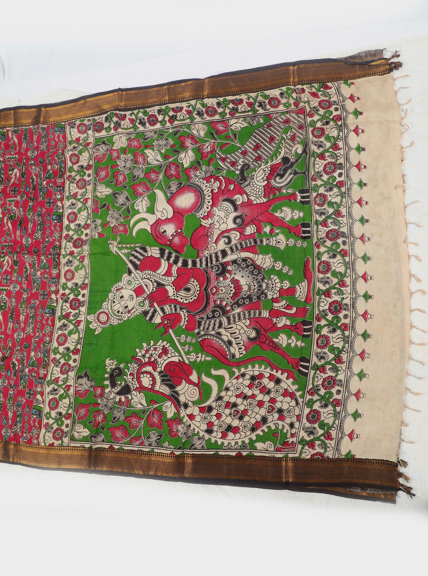Green Kalamkari Mangalagiri Silk Saree with Mythological Motifs & Temple Border