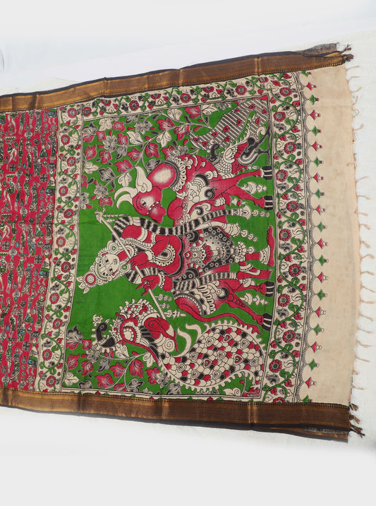 Green Kalamkari Mangalagiri Silk Saree with Mythological Motifs & Temple Border