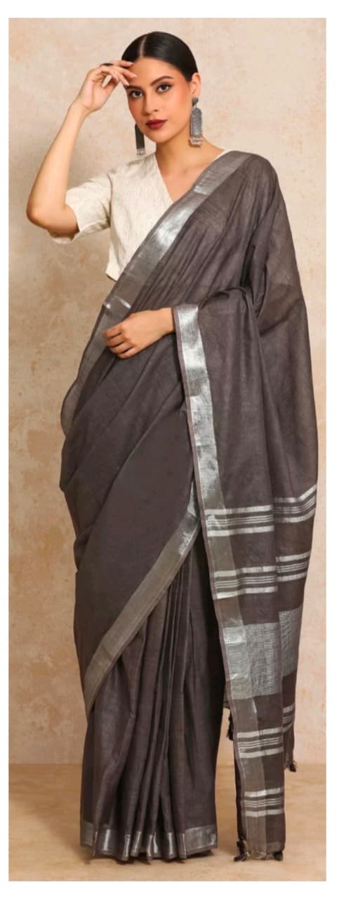 Charcoal Grey linen cotton saree with silver-toned border