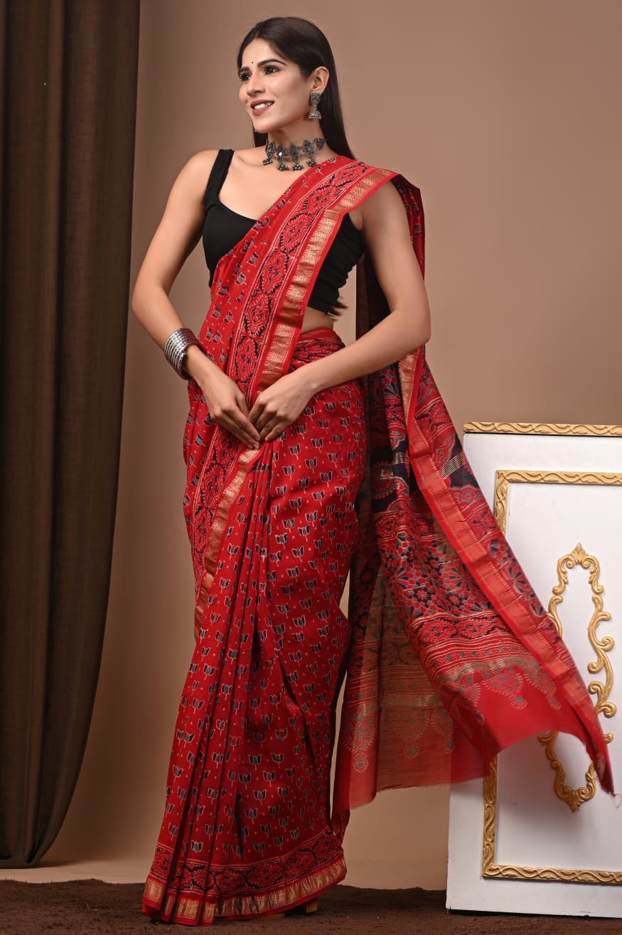 Red & Black Maheshwari Silk Ajrakh Saree with Floral Motifs, Ornate Printed Pallu and Gold Zari Border