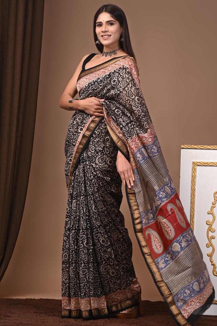 Black & Cream Maheshwari Silk Ajrakh Saree with Paisley Floral Prints, Multicolour Printed Pallu and Gold Zari Border
