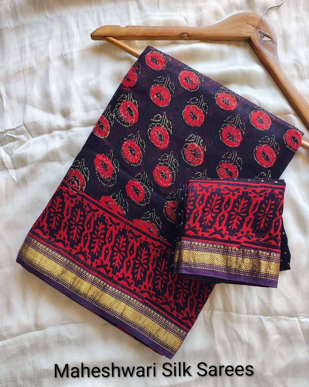Deep Purple & Red Maheshwari Silk Ajrakh Saree with Floral Motifs and Gold Zari Border