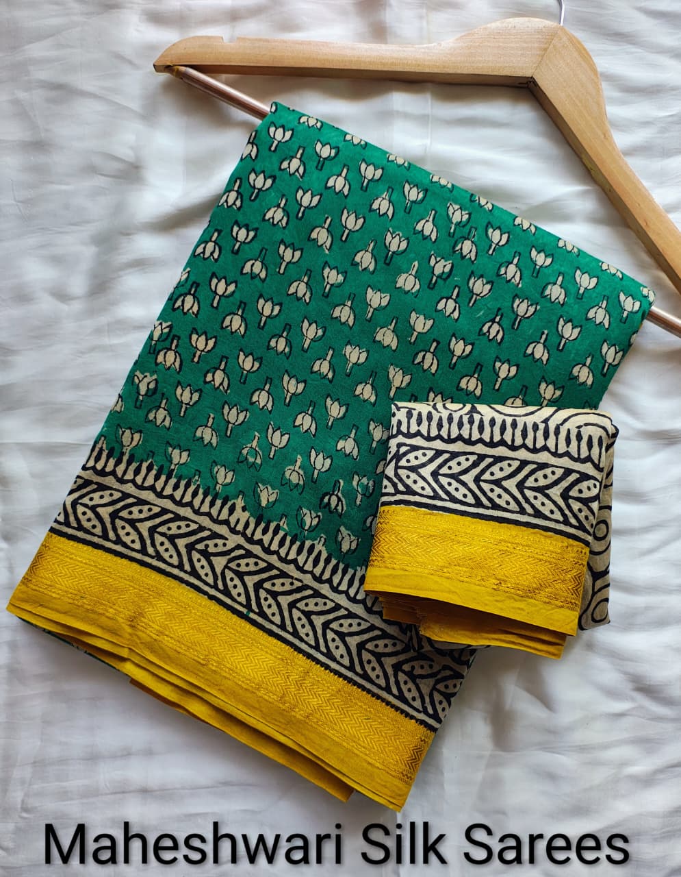 Emerald Green & Mustard Yellow Maheshwari Silk Ajrakh Saree with Lotus Motifs