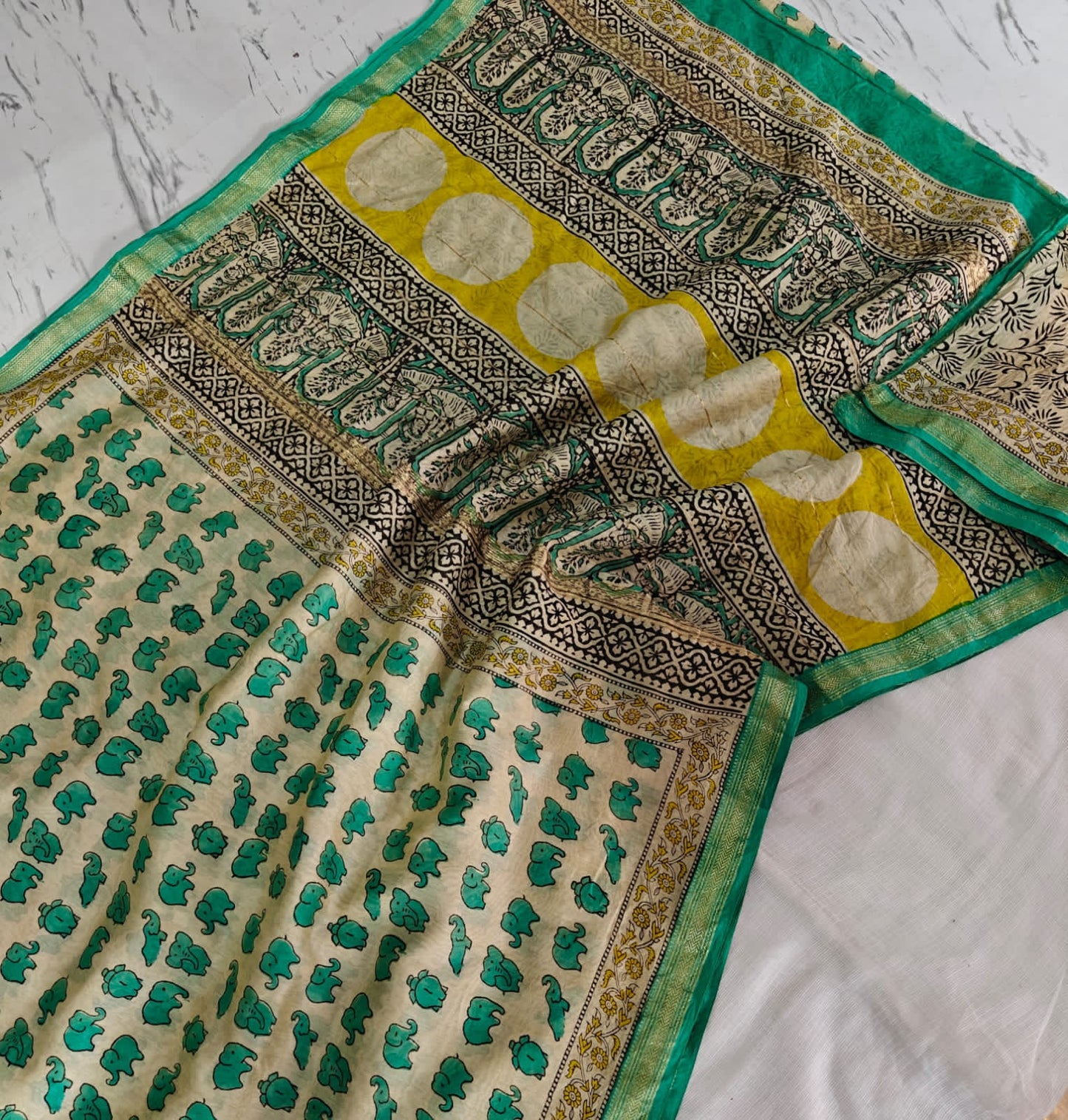 Cream & Teal Maheshwari Silk Saree with Mustard Ajrakh Pallu & Teal Printed Border