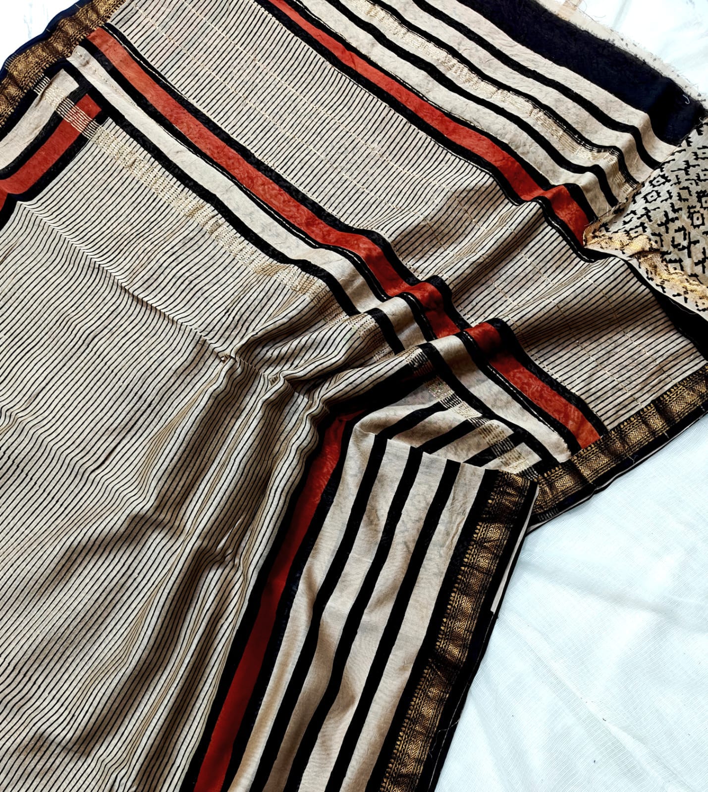 Black & Beige Maheshwari Silk Saree with Rust Stripes, Fine Linear Weave Pallu and Gold Zari Border