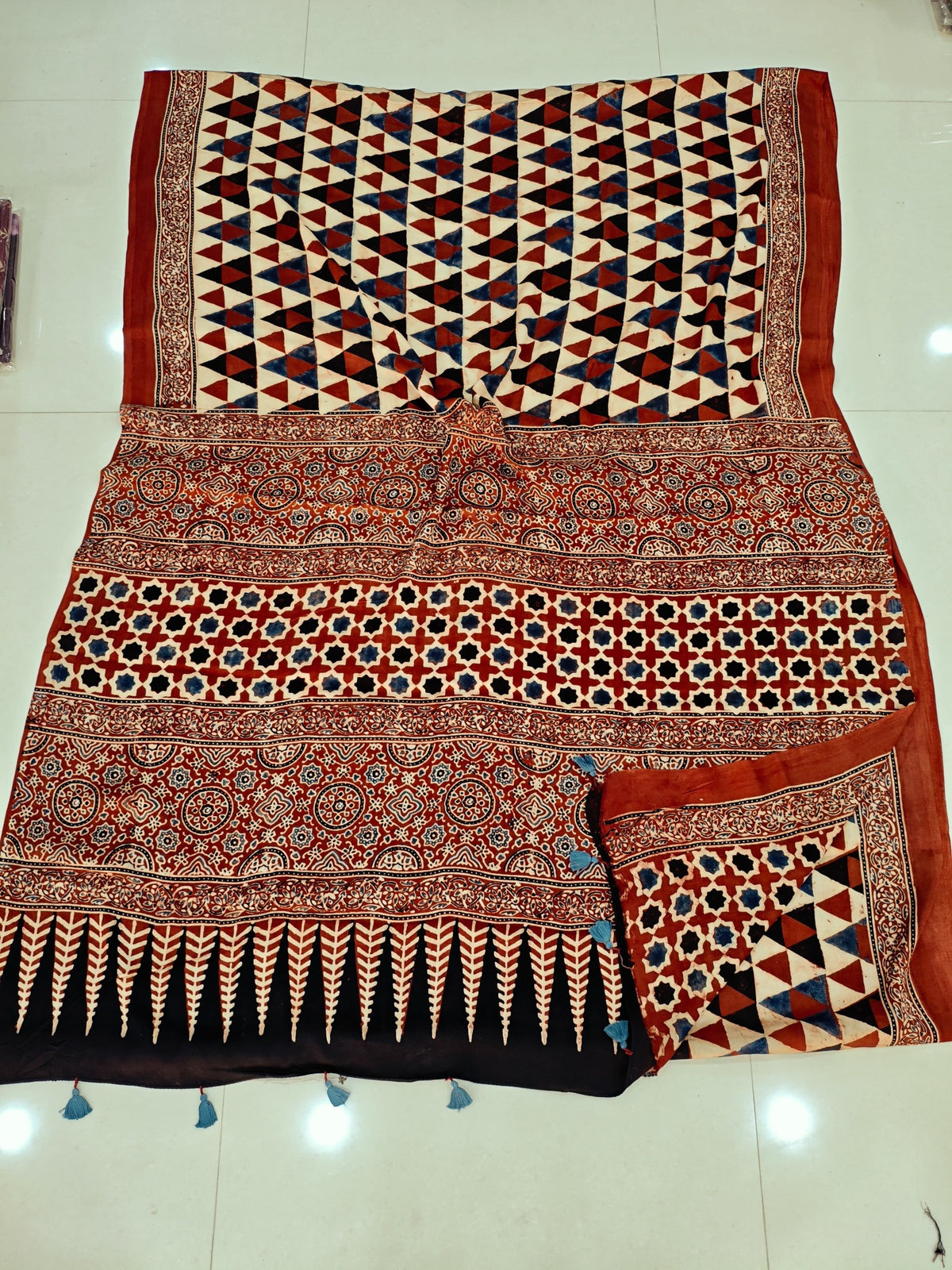 Taupe Red and Indigo Geometric Modal Silk Saree