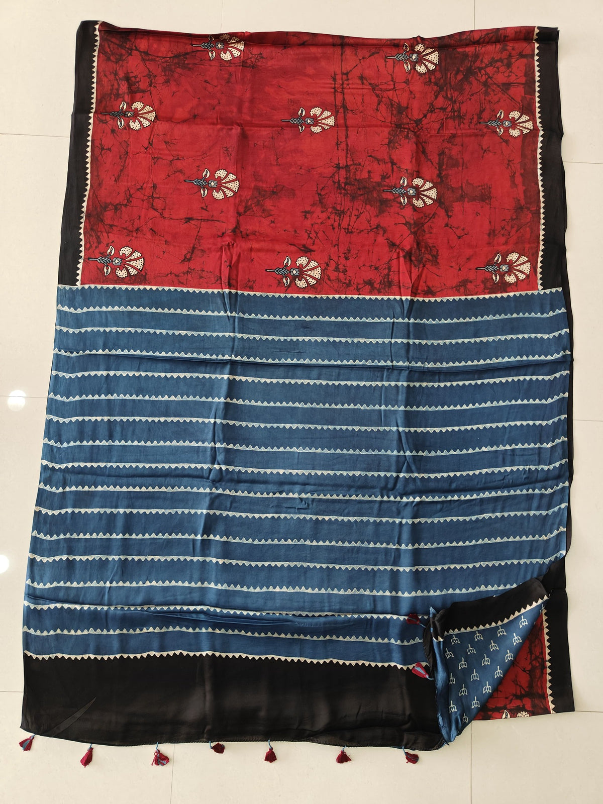 Red and Black Floral Geometric Modal Silk Saree