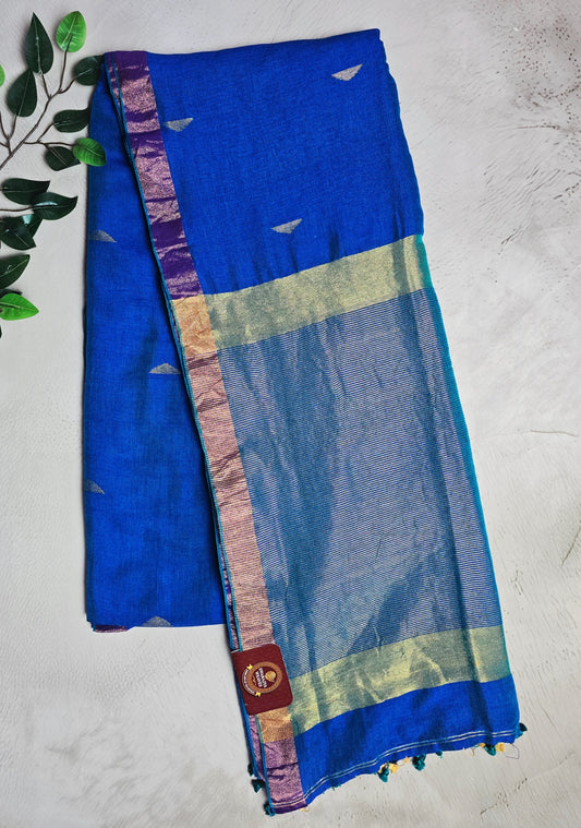 Royal blue Mul Cotton saree with pale gold zari pallu