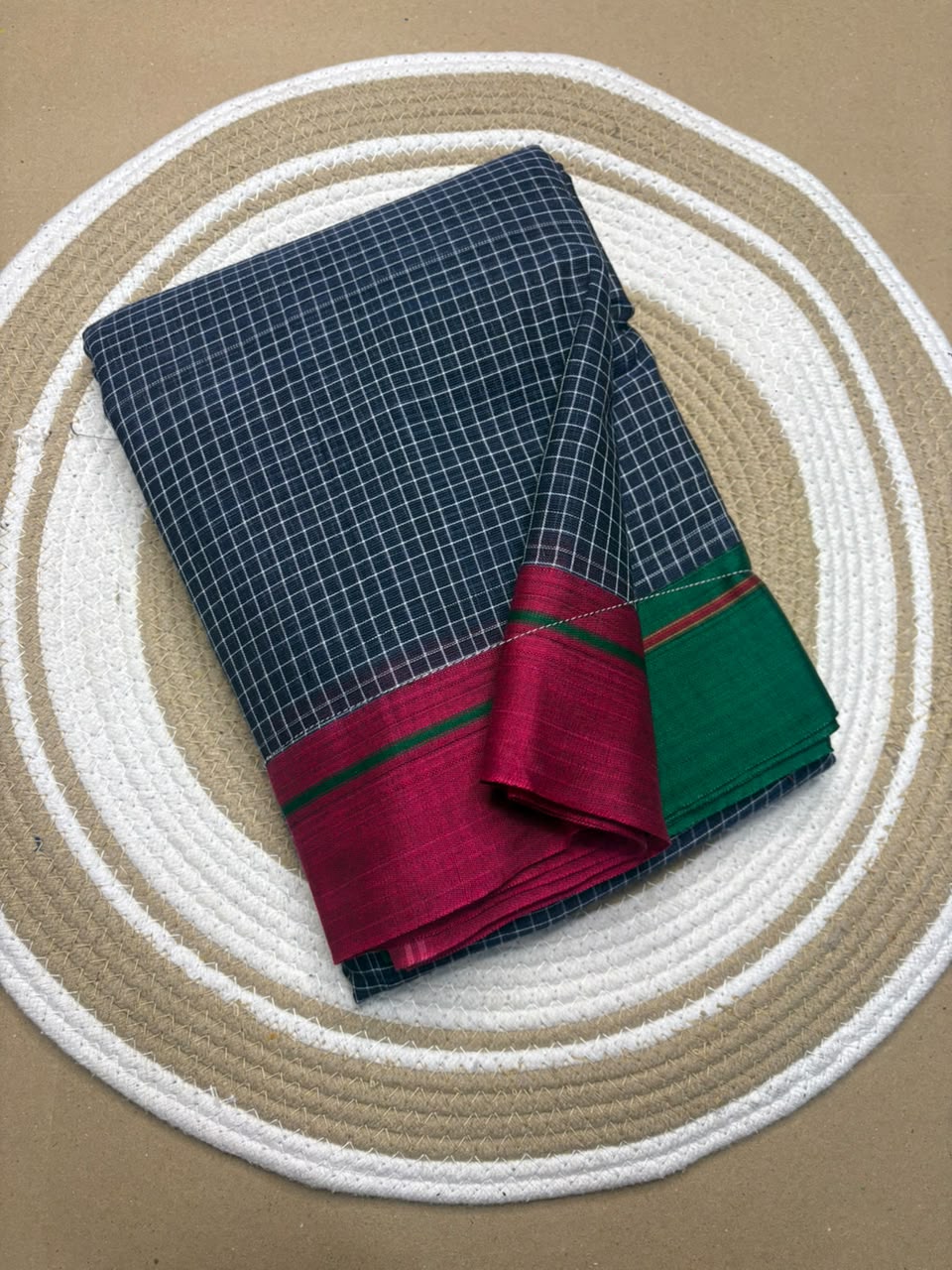 Navy Blue Patteda Anchu Ilkal Saree with Mustard and Purple Border