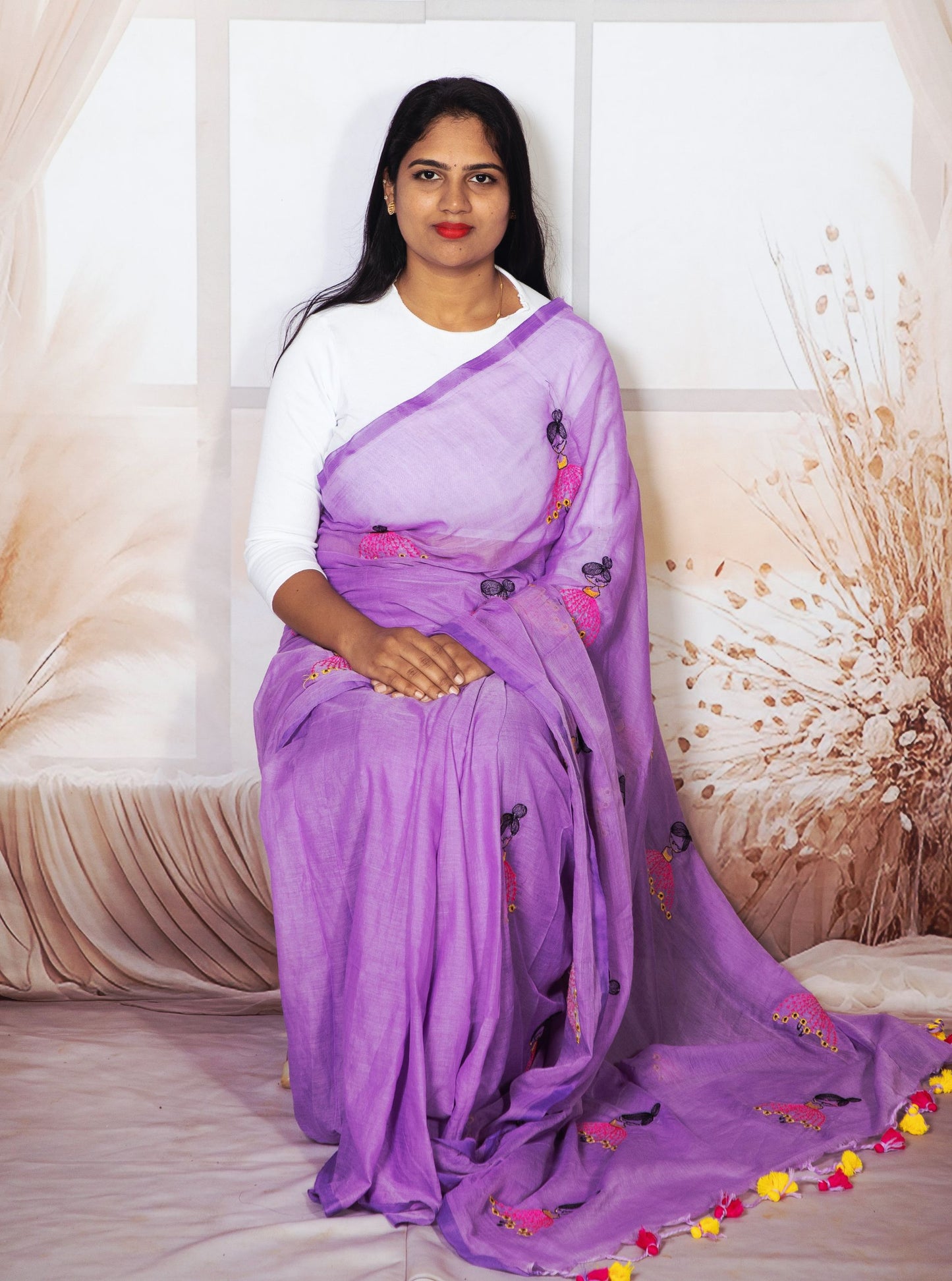 Lavender Mul Cotton Saree with Colorful Doll Embroidery & Tassel Pallu