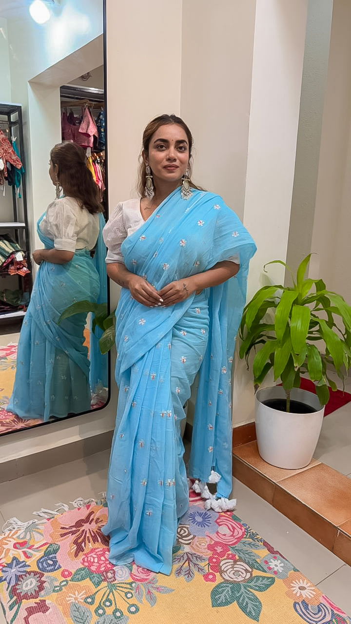Sky Blue Mul Cotton Saree with Delicate Floral Embroidery & Tassels