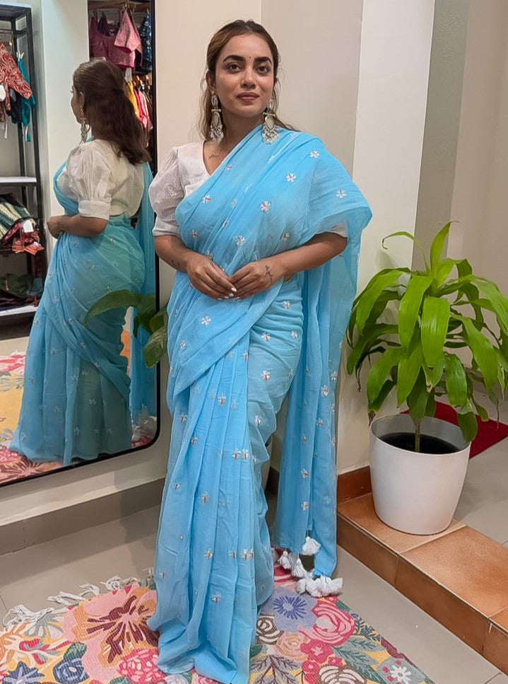 Sky Blue Mul Cotton Saree with Delicate Floral Embroidery & Tassels