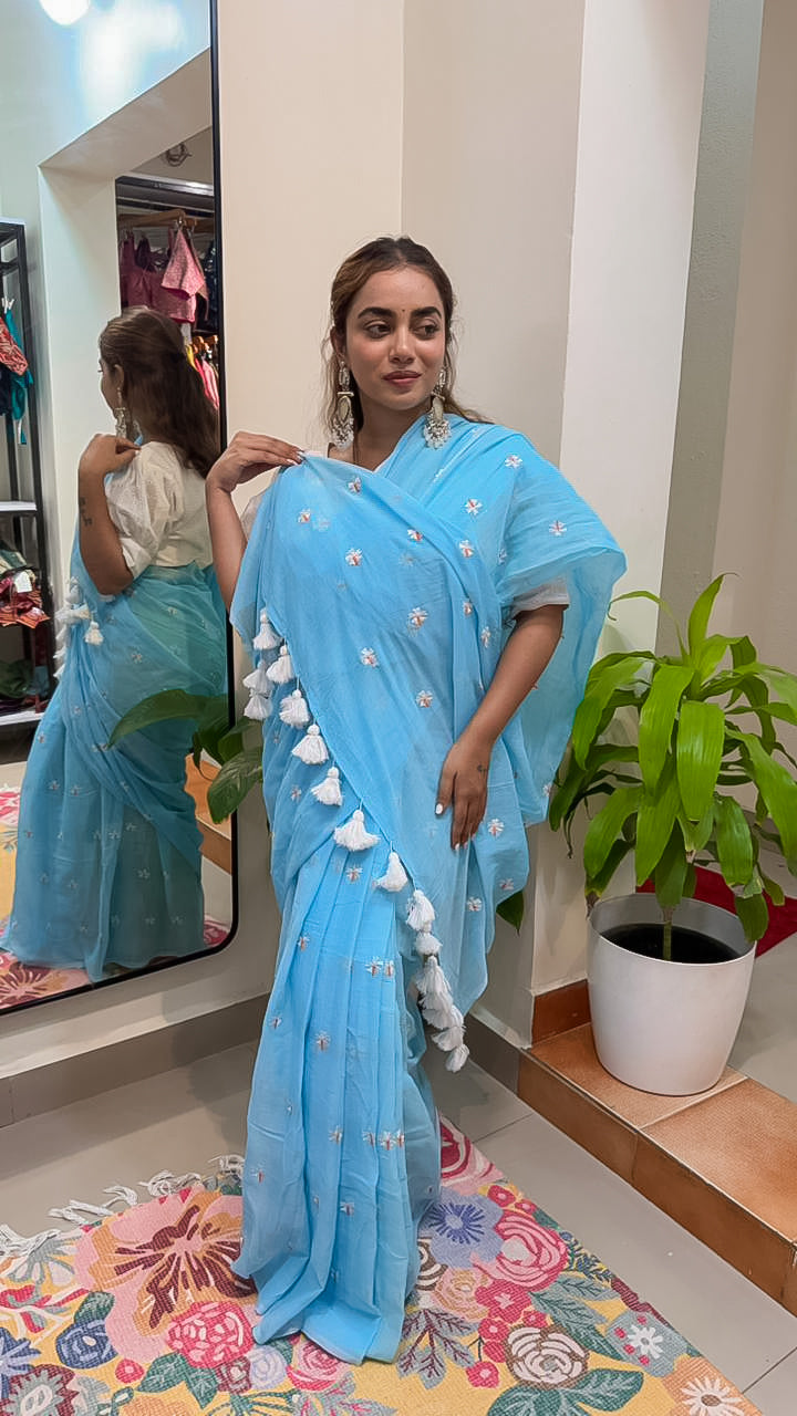 Sky Blue Mul Cotton Saree with Delicate Floral Embroidery & Tassels