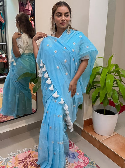 Sky Blue Mul Cotton Saree with Delicate Floral Embroidery & Tassels