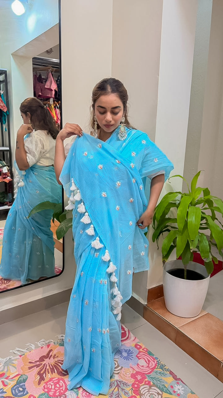 Sky Blue Mul Cotton Saree with Delicate Floral Embroidery & Tassels