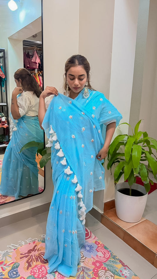 Sky Blue Mul Cotton Saree with Delicate Floral Embroidery & Tassels