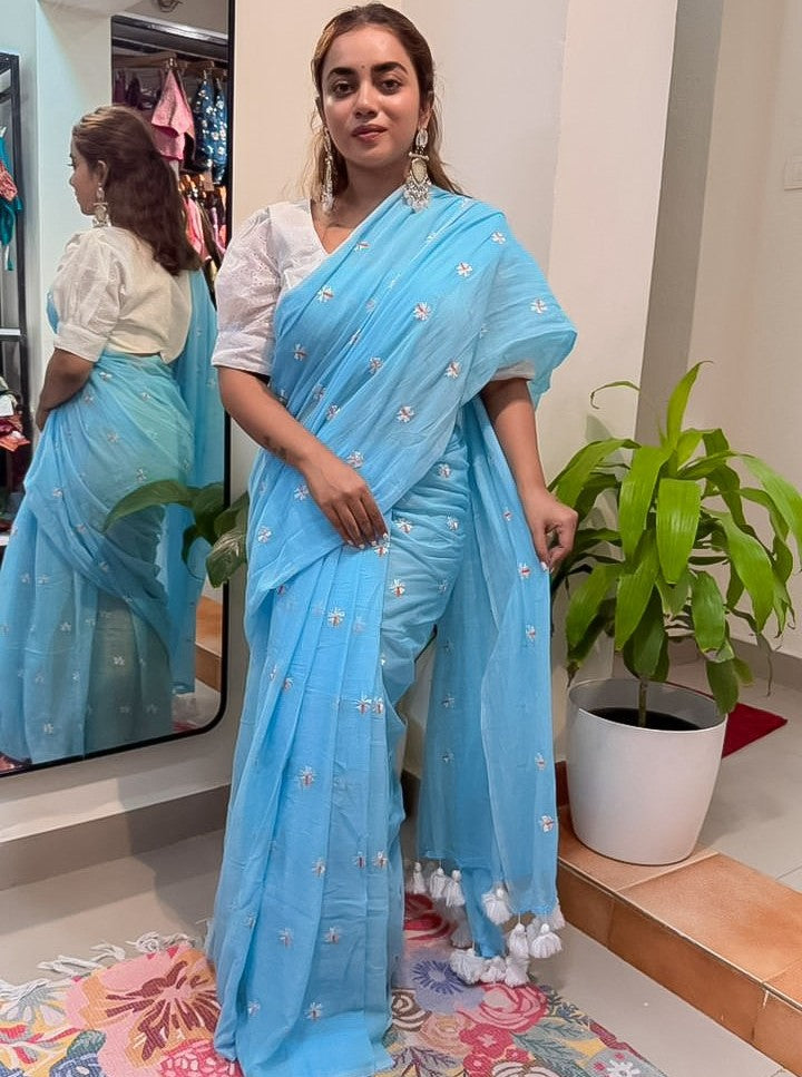 Sky Blue Mul Cotton Saree with Delicate Floral Embroidery & Tassels