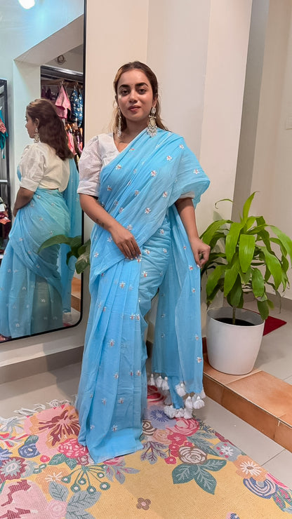 Sky Blue Mul Cotton Saree with Delicate Floral Embroidery & Tassels