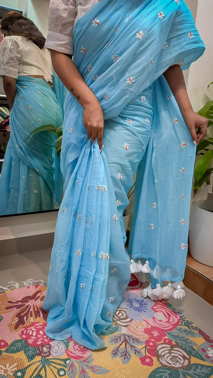 Sky Blue Mul Cotton Saree with Delicate Floral Embroidery & Tassels