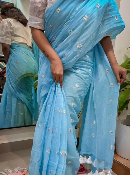 Sky Blue Mul Cotton Saree with Delicate Floral Embroidery & Tassels
