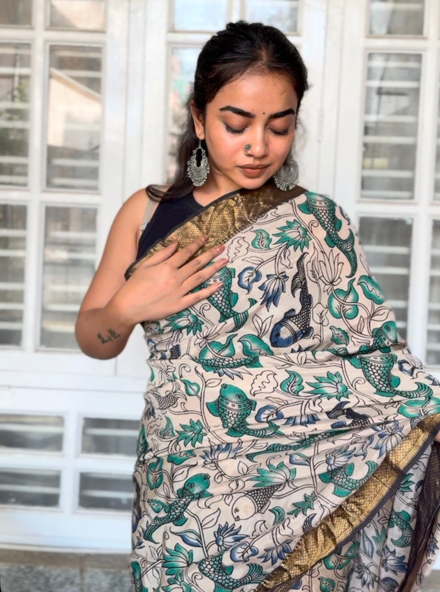 Hand-Blocked Kalamkari Saree with Traditional Fish & Floral Motifs