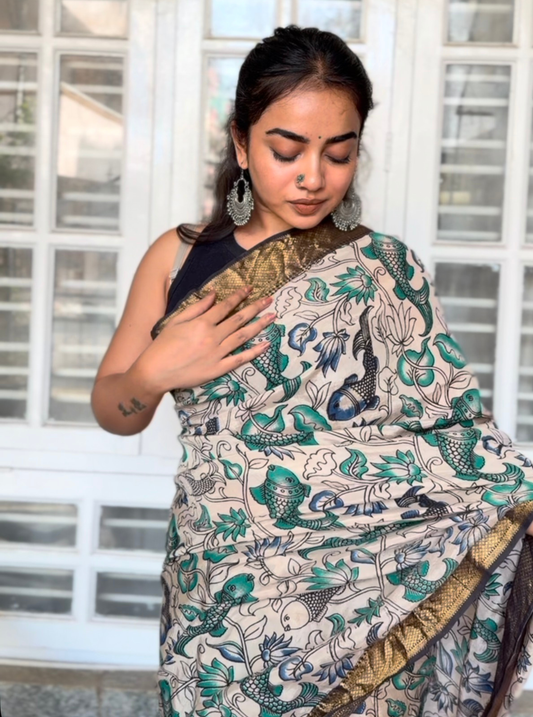 Hand-Blocked Kalamkari Saree with Traditional Fish & Floral Motifs