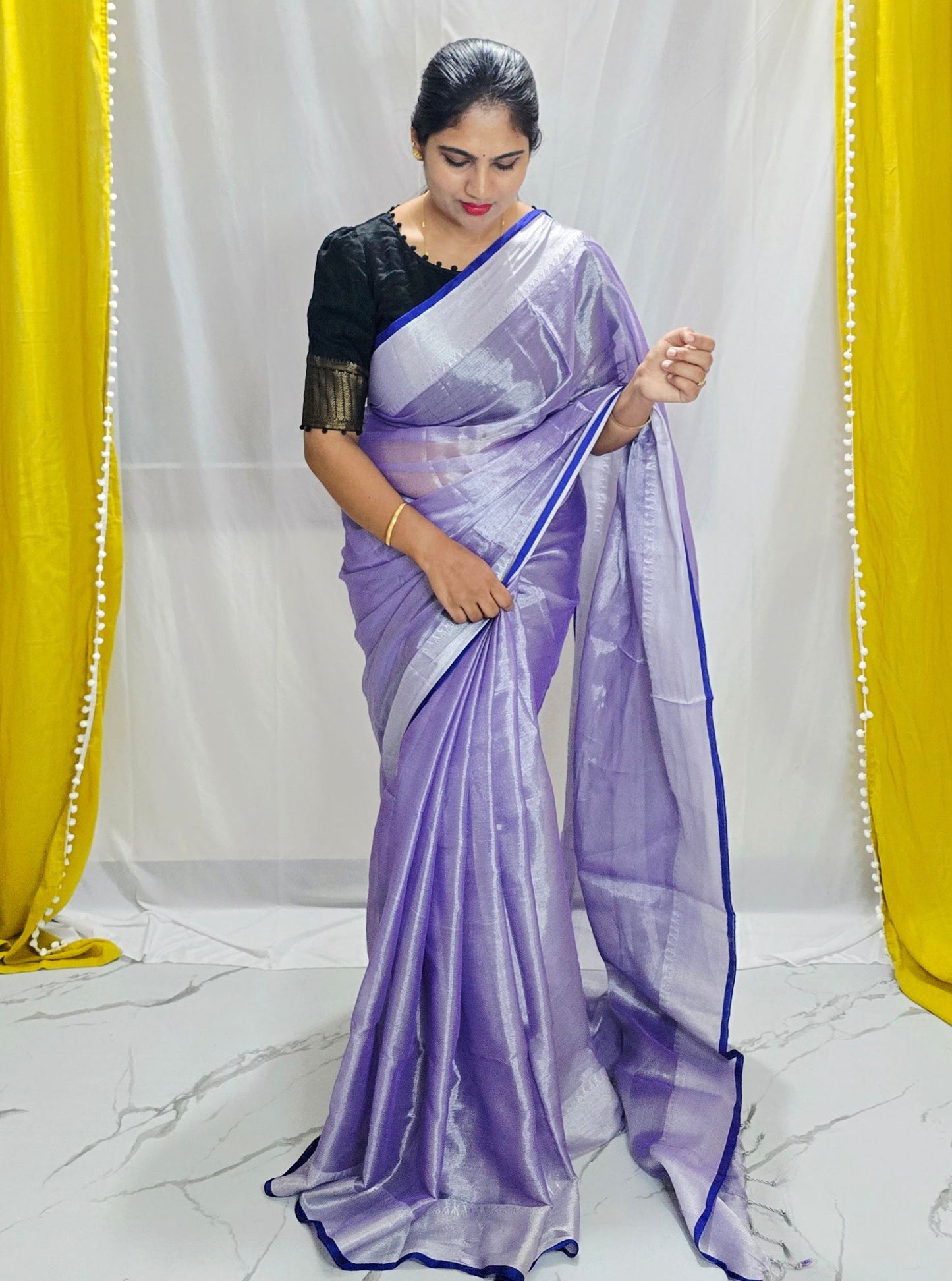Soft Lavender Tissue Cotton Saree with Silver Border & Royal Blue Selvedge