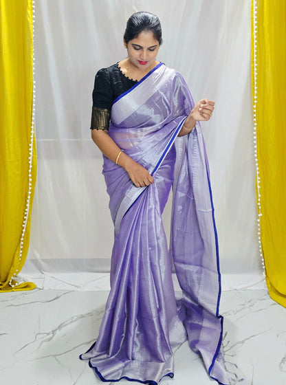 Soft Lavender Tissue Cotton Saree with Silver Border & Royal Blue Selvedge