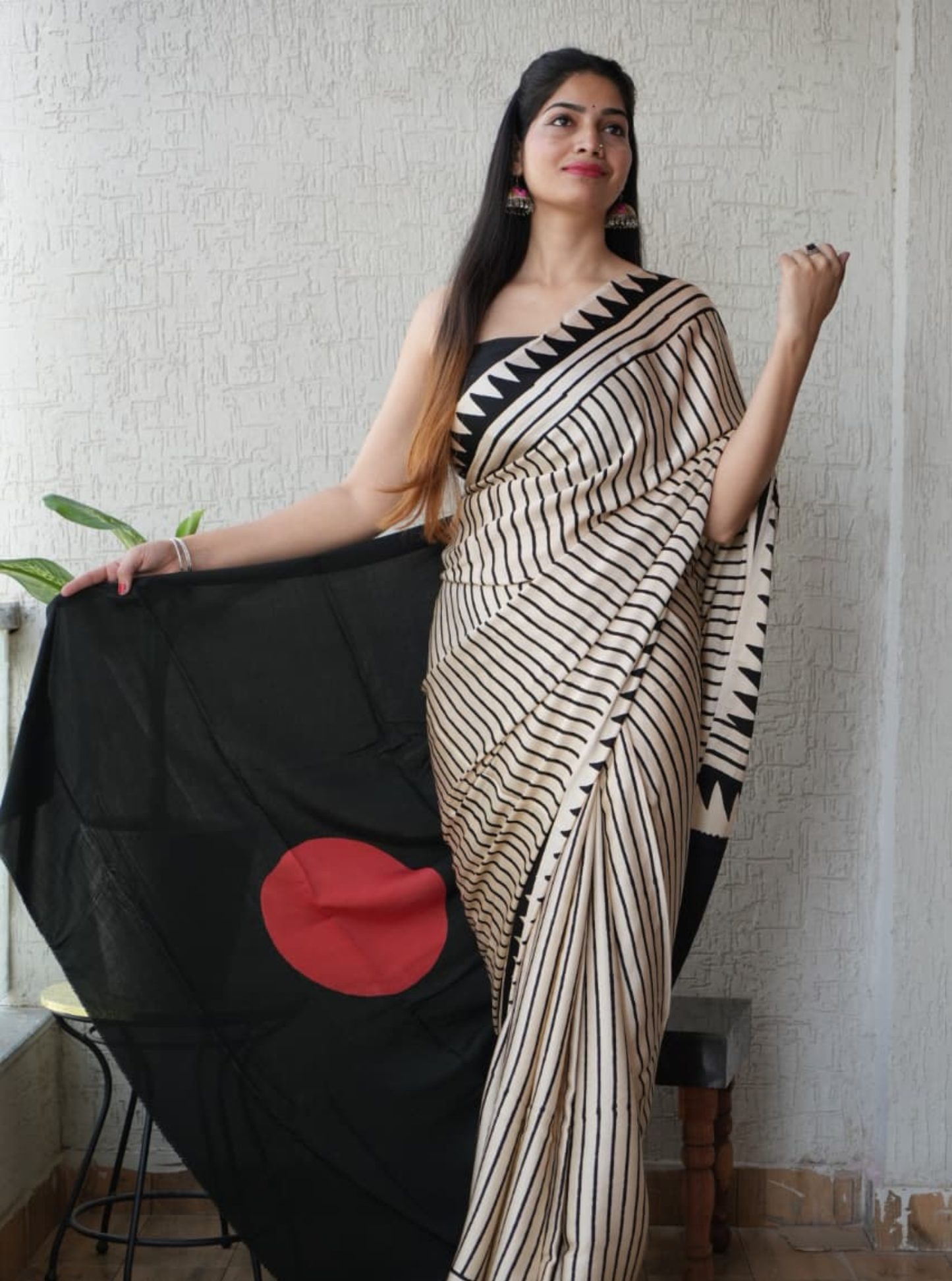 Ivory Stripes & Crimson Moon Modal Silk Hand-Blocked Ajrakh Saree
