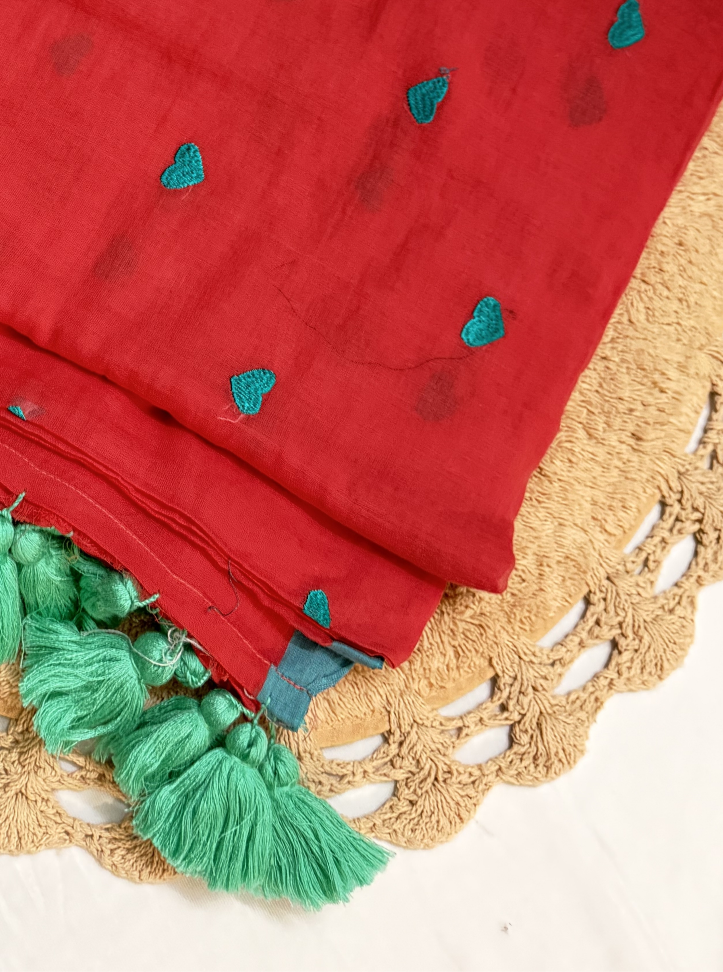 Crimson Red Mul Cotton Saree with Green Heart Motifs & Tassels