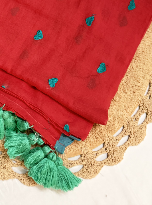Crimson Red Mul Cotton Saree with Green Heart Motifs & Tassels