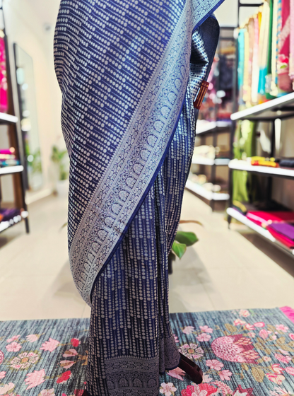 Navy Blue Georgette Tissue Saree with Silver Woven Design
