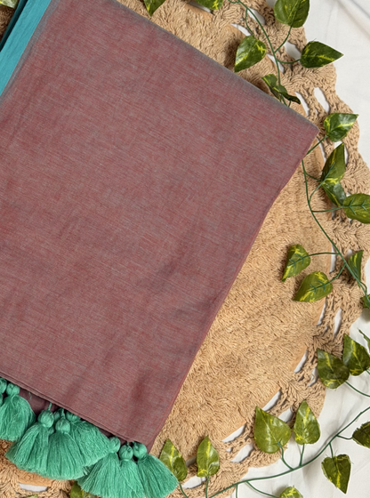 Dusty Rose Mul Cotton Saree with Teal Border & Contrast Tassels