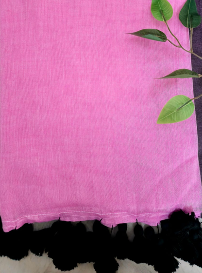 Blush Pink Mul Cotton Saree with Black Tassel Border
