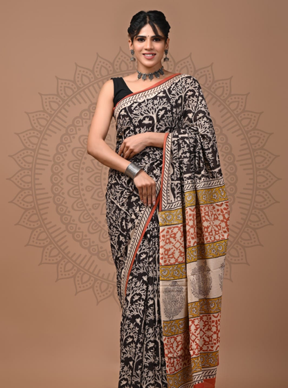 Black Cotton Saree with Tree Motifs & Mustard Ethnic Pallu