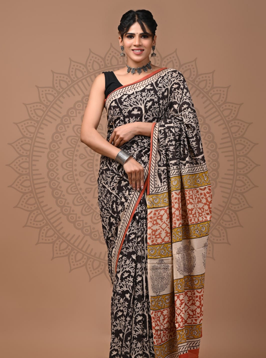 Black Cotton Saree with Tree Motifs & Mustard Ethnic Pallu