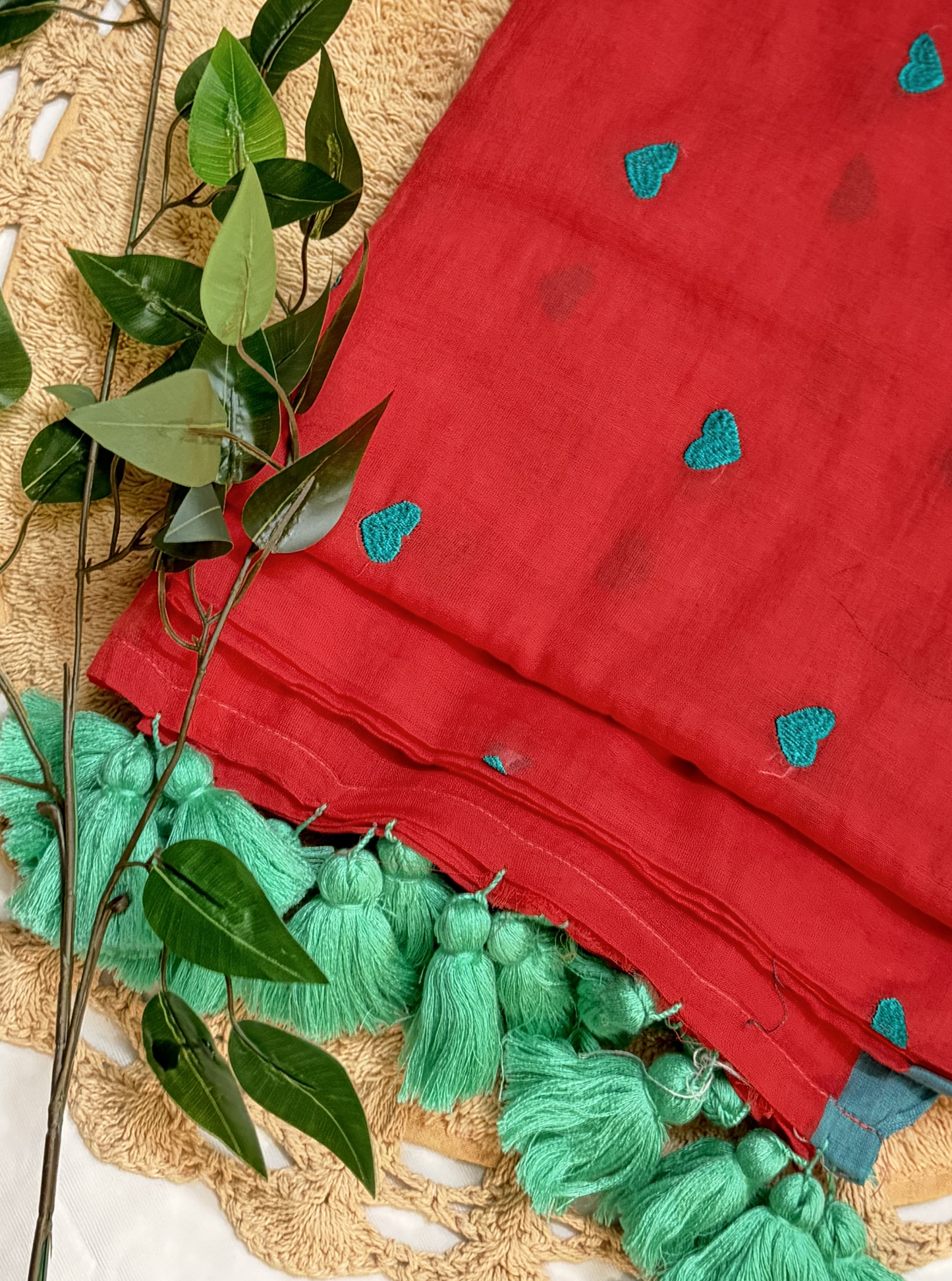 Crimson Red Mul Cotton Saree with Green Heart Motifs & Tassels