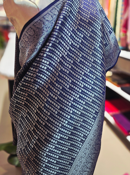 Navy Blue Georgette Tissue Saree with Silver Woven Design