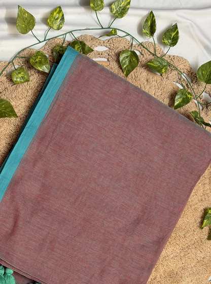 Dusty Rose Mul Cotton Saree with Teal Border & Contrast Tassels