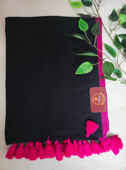 Classic Black Mul Cotton Saree with Hot Pink Tassel Border