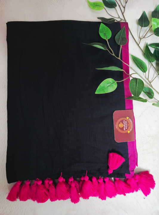 Classic Black Mul Cotton Saree with Hot Pink Tassel Border