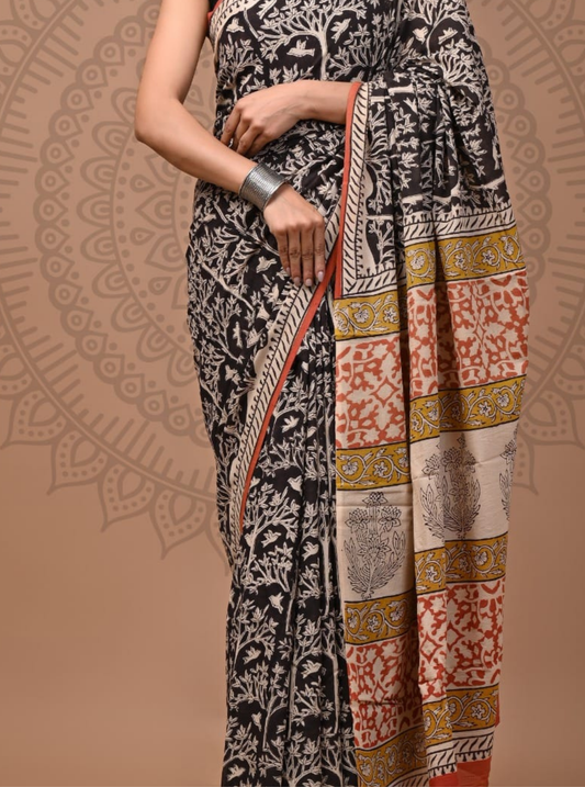 Black Cotton Saree with Tree Motifs & Mustard Ethnic Pallu