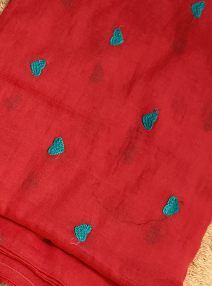 Crimson Red Mul Cotton Saree with Green Heart Motifs & Tassels