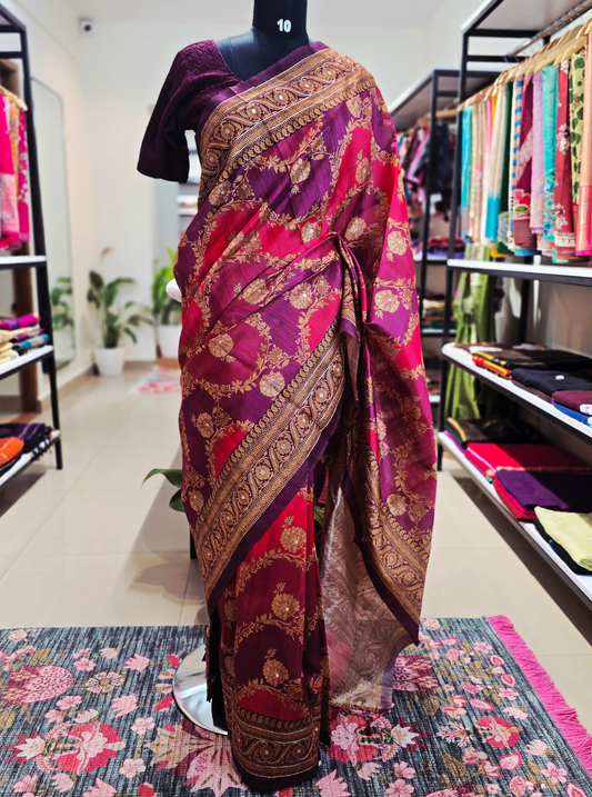 Dual-Tone Wine & Magenta Tussar Silk Saree with Zari Floral Weaving