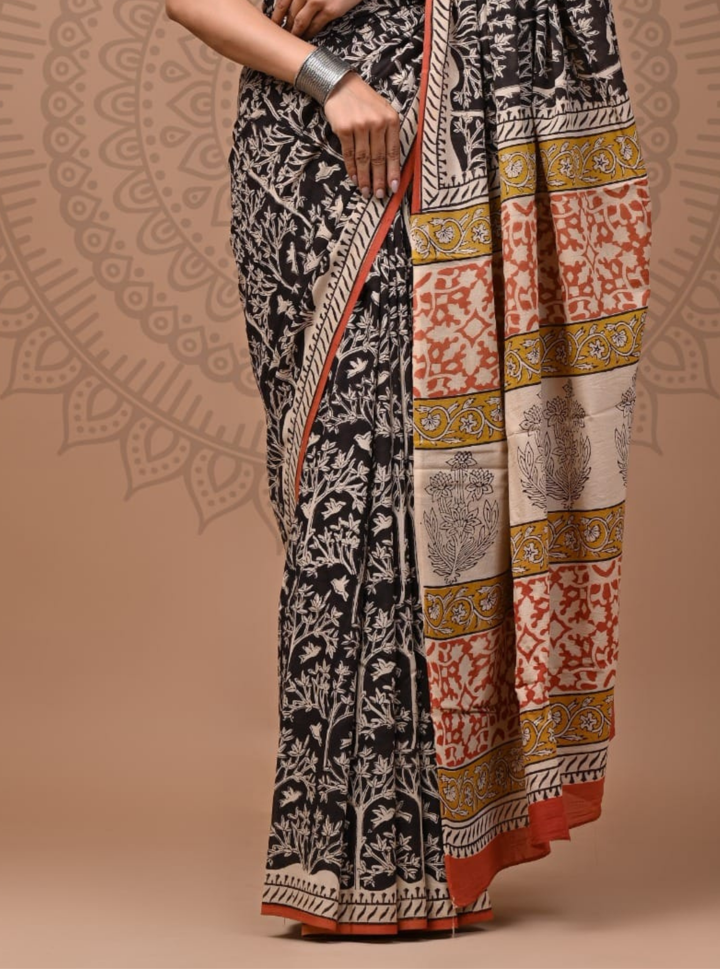 Black Cotton Saree with Tree Motifs & Mustard Ethnic Pallu