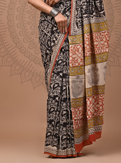 Black Cotton Saree with Tree Motifs & Mustard Ethnic Pallu
