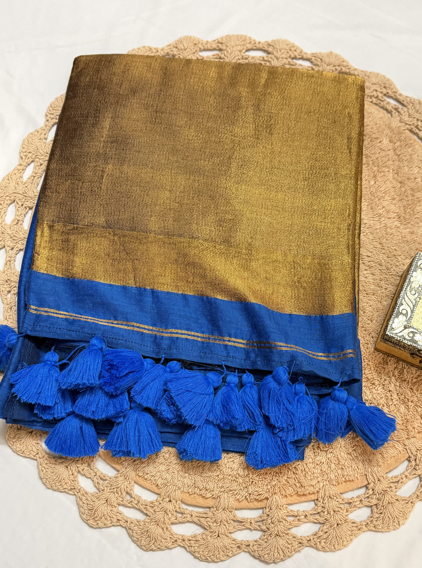 Royal Gold Mul Cotton Saree with Tissue Pallu & Blue Tassels