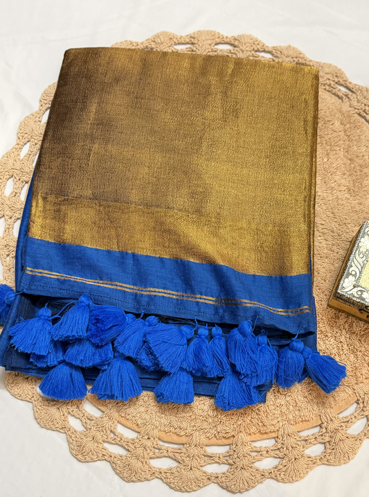 Royal Gold Mul Cotton Saree with Tissue Pallu & Blue Tassels