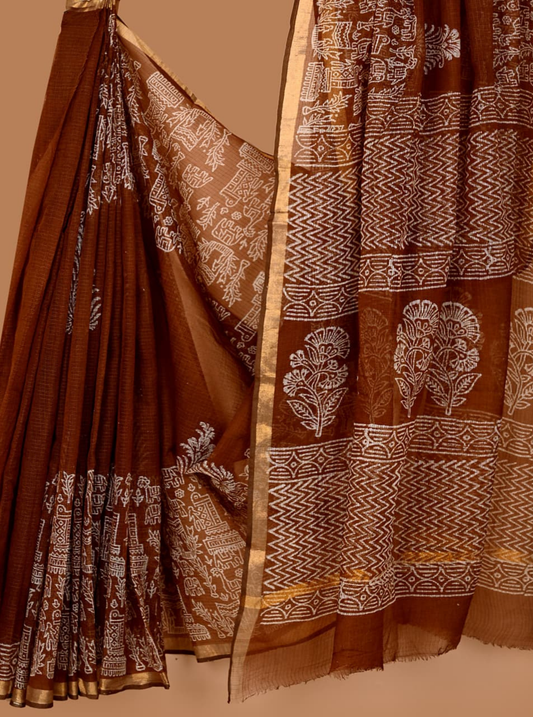 Classic Kota Doria Saree in Rustic Brown with Handblock Tribal Motifs